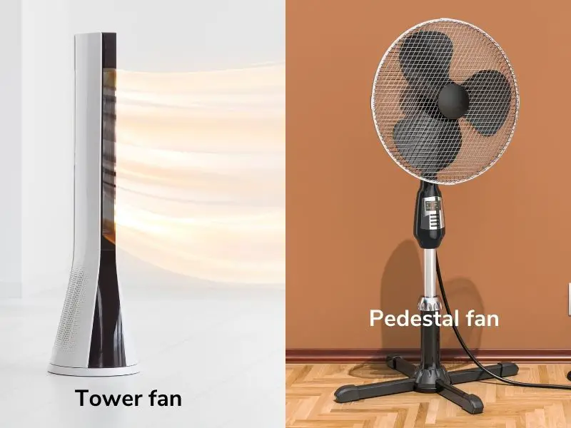 Tower fan vs pedestal fan; an image showing a tower fan and a pedestal fan